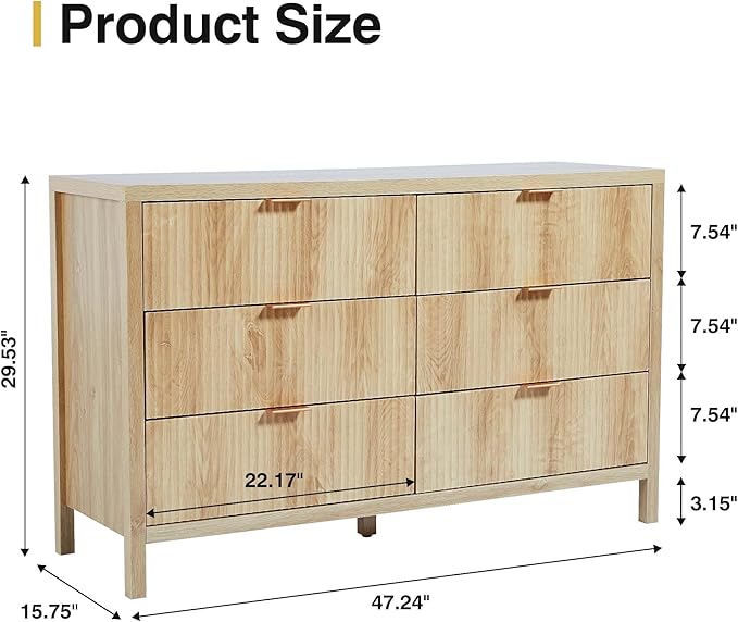 Fluted 6 Drawer Double Dresser for Bedroom, 47" Wide Modern Closet Dressers Chest of Drawers, Wood Storage Dresser Organizer for Nursery Bedroom Living Room Hallway Closet,Natural