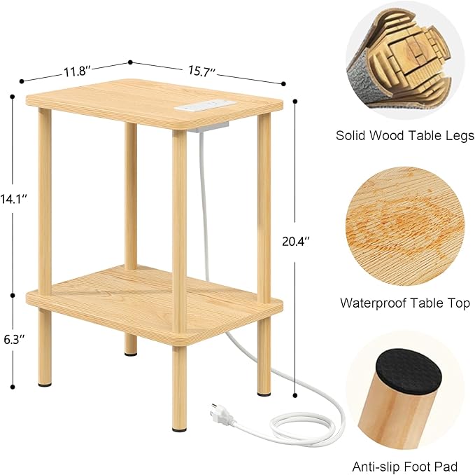 Apicizon 2 Tier End Table, Small Side Table with Charging Station, Boho Bedside Table with USB Ports and Outlets, Nightstand for Small Spaces, Bedroom, Living Room, Entryway, Easy Assembly, Natural