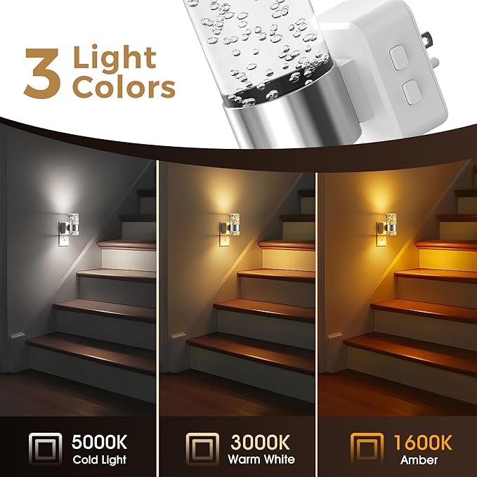 L LOHAS LED Night Lights Plug into Wall, Dimmable Night Light with Dusk-to-Dawn Sensor, Soft White/Cool White/Amber 3 Color Light, Adjustable Brightness, Rotatable Plug, Bubble Nightlight for Hallway