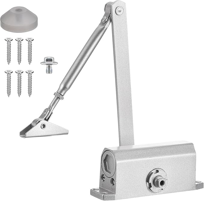 MECCANIXITY Door Closer Automatic Door Closer for 25-65kg Outdoor Internal Metal Wooden Doors,180D Spring Hydraulic Auto Door-Closer Automatic Adjustable Closer(Silver,Aluminum)
