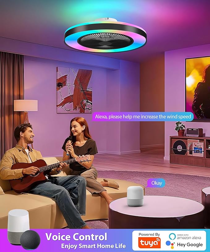 2-in-1 Low Profile Ceiling Fan with Light, 20” Caged Safety Design for Kids - RGB Color, Smart APP/Remote Control, Quiet Flush Mount DC Motor, Metal, Ideal for Bedroom/Living Room/Kitchen, Black