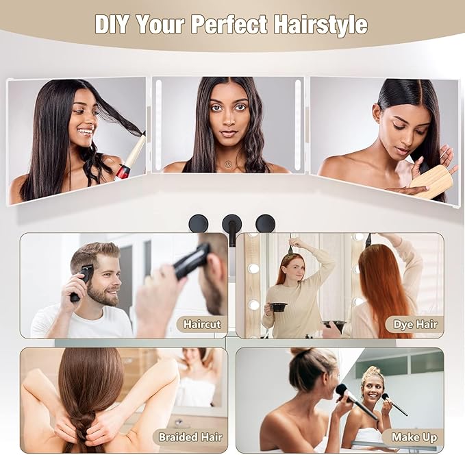 Dripex 3 Way Mirror with Led Lights for Men or Women, 360° Trifold Self Haircut Mirror with Height Adjustable Hooks, for Makeup, Styling, Shaving, Braiding, Dye Hair (White with Led)