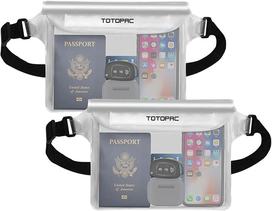 2-Pack Waterproof Fanny Pack, Phone Pouch with Waist Strap, 9x6.7 Inch Dry Bag for Phone, Cash, and Valuables – for Swimming, Kayaking, Boating, Snorkeling, and Water Sports (2, White + White)