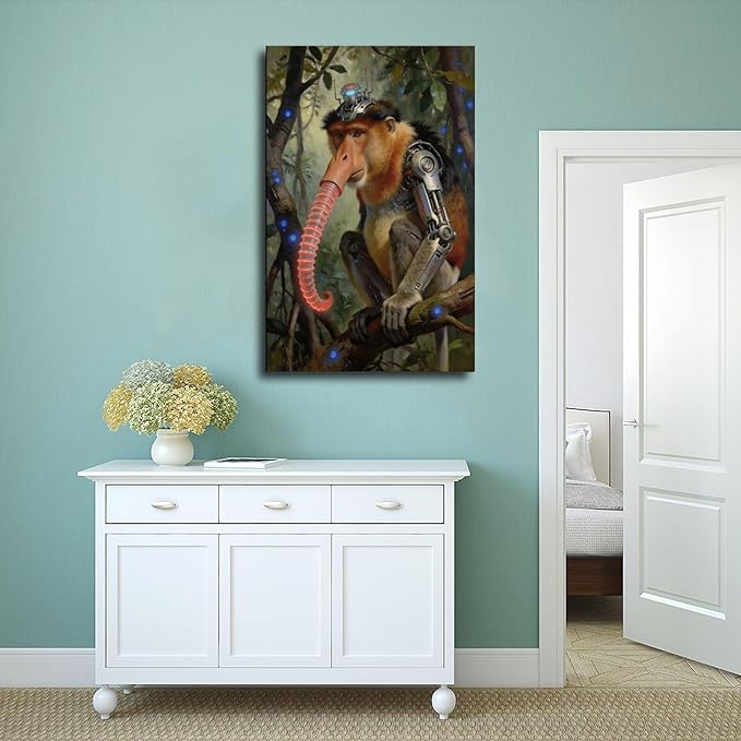 Framed Steampunk Mechanical Proboscis Monkey Wall Art - Jungle Neon Retro Poster for Apartment Leisure Area Decor 12x18inch(30x45cm)