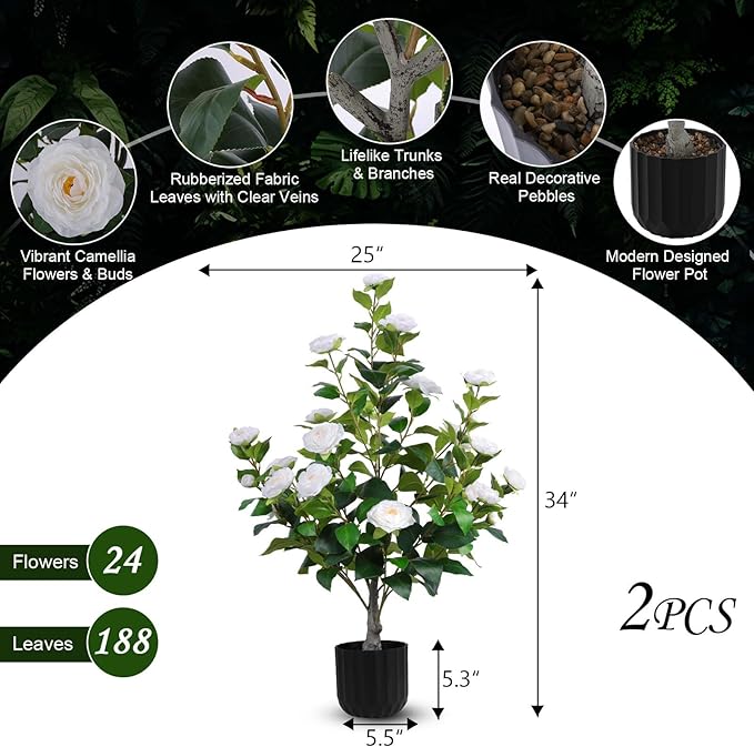 Hananona 2 Pcs Artificial Camellia Trees Faux Camellia Plant in Pot with Flowers Indoor Plants for Spring Home Decor Outdoor Porch Front Door Decor (White, M)
