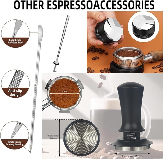 58mm Espresso Accessories 10 PCS - WDT Tool Kit， Coffee Tamper with Wood Espresso Tamping Station， Frothing Pitcher, Distributor, Stirrer, Dosing Funnel, Brush, Puck Screen， Latte Art Pen