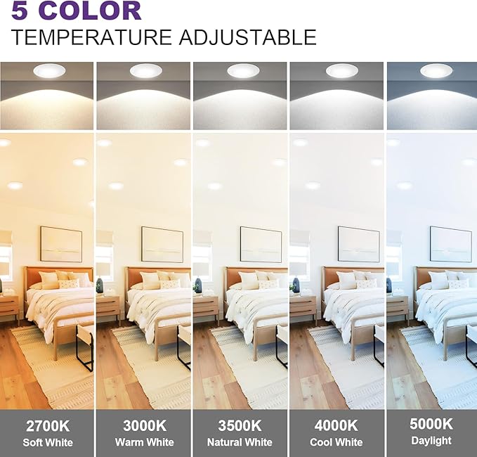 6-Pack 6 Inch Disk Lights, 2700K-5000K Adjustable, 16W, 1050LM, CRI 90+, Dimmable 10%-100%, Wet Rated, Surface Mount LED Ceiling Light for Bathroom Kitchen, ETL Listed