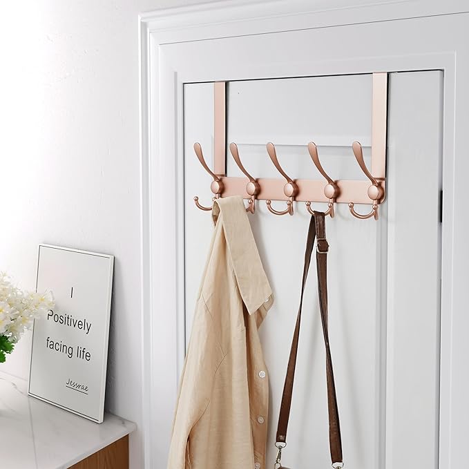 Dseap Over The Door Hook Hanger - Fits 1 3/8" to 1 3/4" Standard Doors | 5 Tri Hooks Heavy Duty Towel/Coat Rack | Door Organizer for Clothes, Jackets, Hats, Towels, Rose Gold
