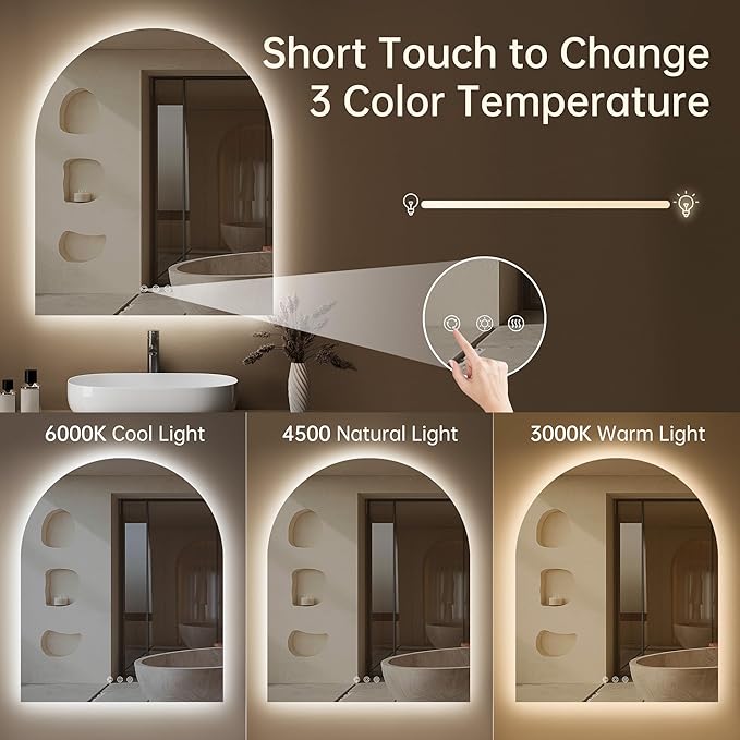 Arched Backlit Mirror Bathroom 30"x36"- Frameless LED Bathroom Mirror with Lights, Fogless, Dimmable, 3 Color Changing, Shatterproof, Touch Sensor