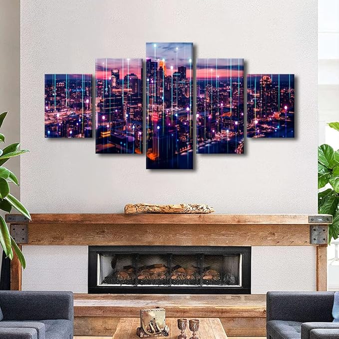 Canvas Wall Art for Home Decoration Abstract Point City Landscape Poster 5 Panel Hologram Aerial Poster Native Americans Living Room Bedroom Decorate Frame and Stretched Ready to Hang 60x32 Inch