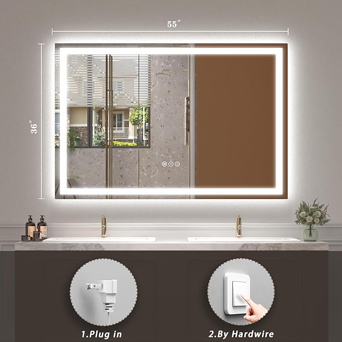 55x36 Large LED Mirror for Bathroom, Lighted Vanity Mirror for Wall, Dimmable, Anti-Fog, Shatter-Proof, ETL Listed (Front Lights + Backlit)