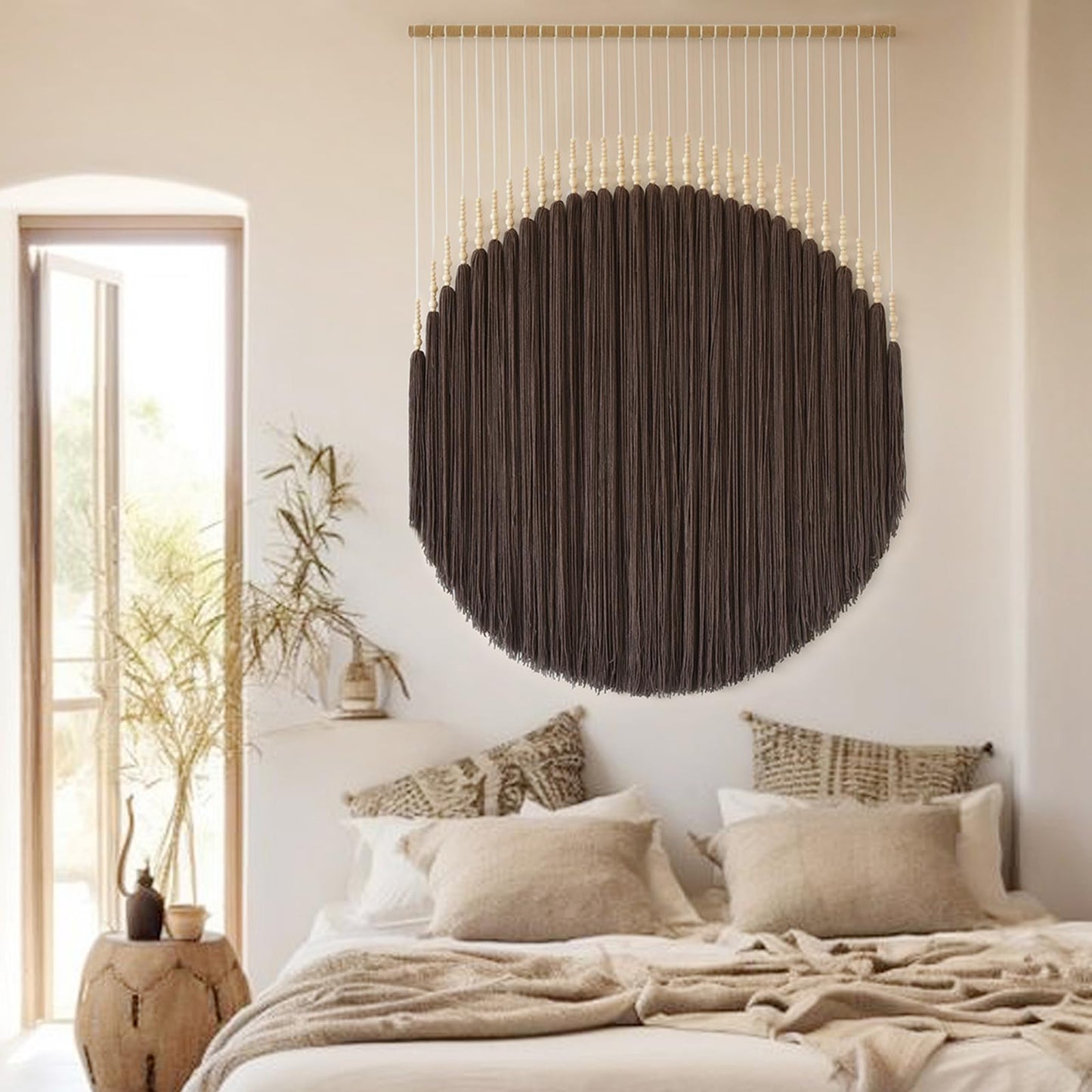 IOWER Macrame Wall Hanging Brown Yarn Beaded Backdrop Boho Wall Decor Round Tassel Home Wall Aesthetic Living Rooms Bedrooms Offices Geometric Art Chic Home Decor 39" W x 55"" L"