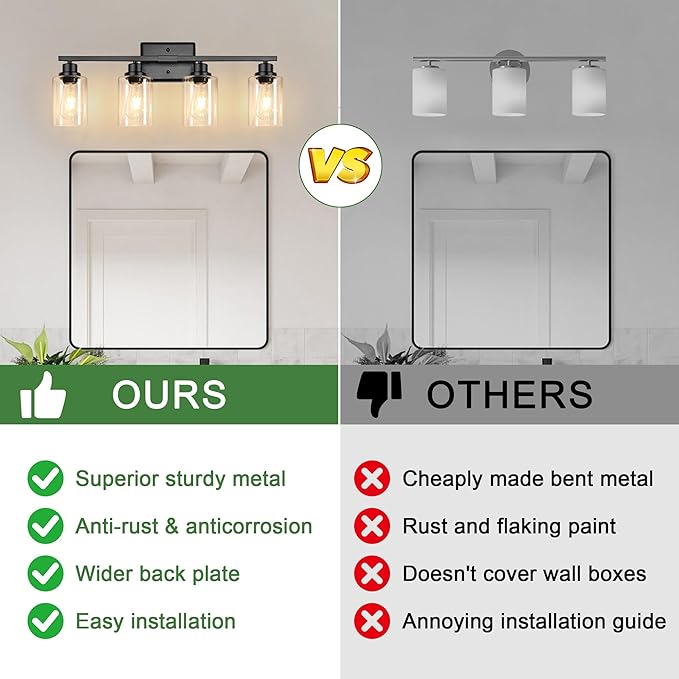 Ascher Bathroom Light Fixtures, 4-Light Vanity Lights with Clear Glass Shade, Modern Black Finish Wall Light for Mirror Bedroom Hallway Cabinet Porch