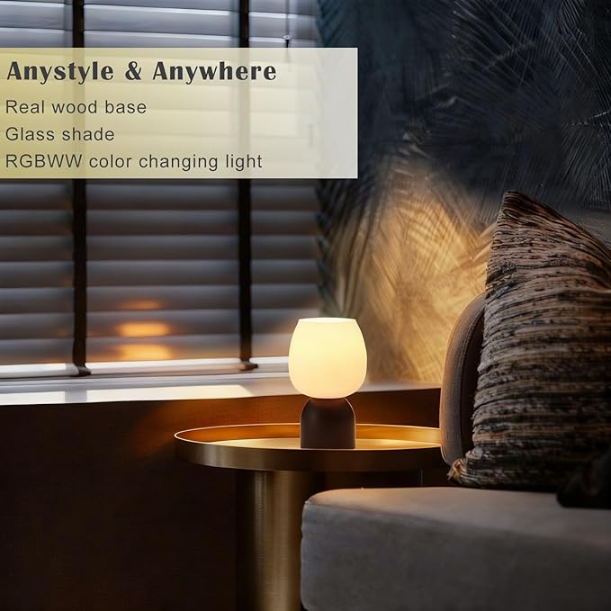 Small LED Table Lamp for Bedroom,RGB Color Changing Desk Light,Remote Control Black Wood