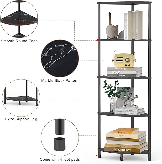Book Shelf Corner Shelf, 5 Tier Corner Bookshelf Display for Living Room Decor, 44.1" Standing Bookcase Organizer, Marble Black Storage Shelves for Bedroom, Bathroom, Small Space