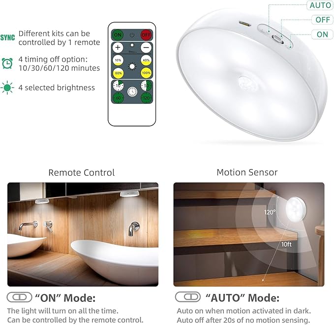 LED Closet Lights Motion Sensor Puck Light, Rechargeable Step Puck Lights,Dimmable Under Cabinet Indoor Lighting Magnet Stick-on Light for Counter Kitchen Wardrobe(6 Pack)