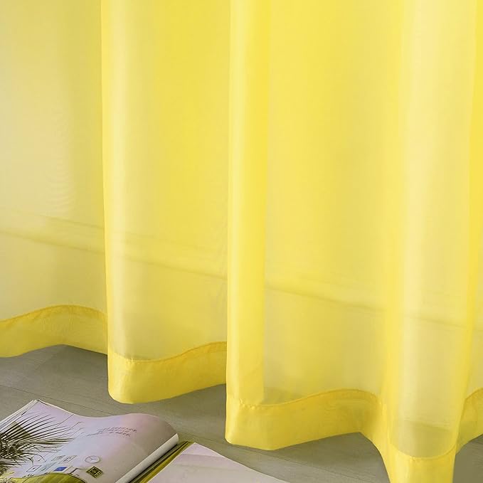 DUALIFE 96 Inches Long Yellow Sheer Curtains 2 Panels Grommet Curtain Panel Voile Drapes Semi Sheer Curtains for Living Room Set Bedroom Solid Bright Yellow Color 52 x 96 Inch Length