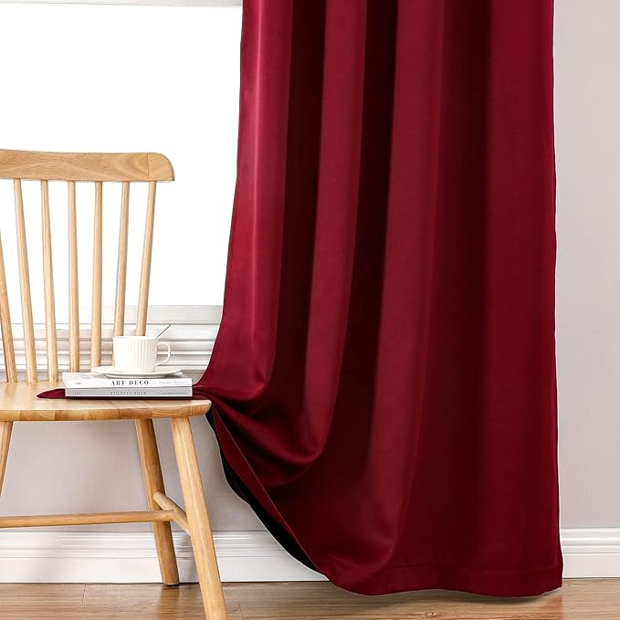 ChrisDowa 100% Blackout Curtains 72 inch Long for Bedroom with Black Liner, 2 Thick Layers Total Blackout Thermal Insulated Grommet Window Curtains 2 Panels Set (Burgundy, 42 x 72 Inch)
