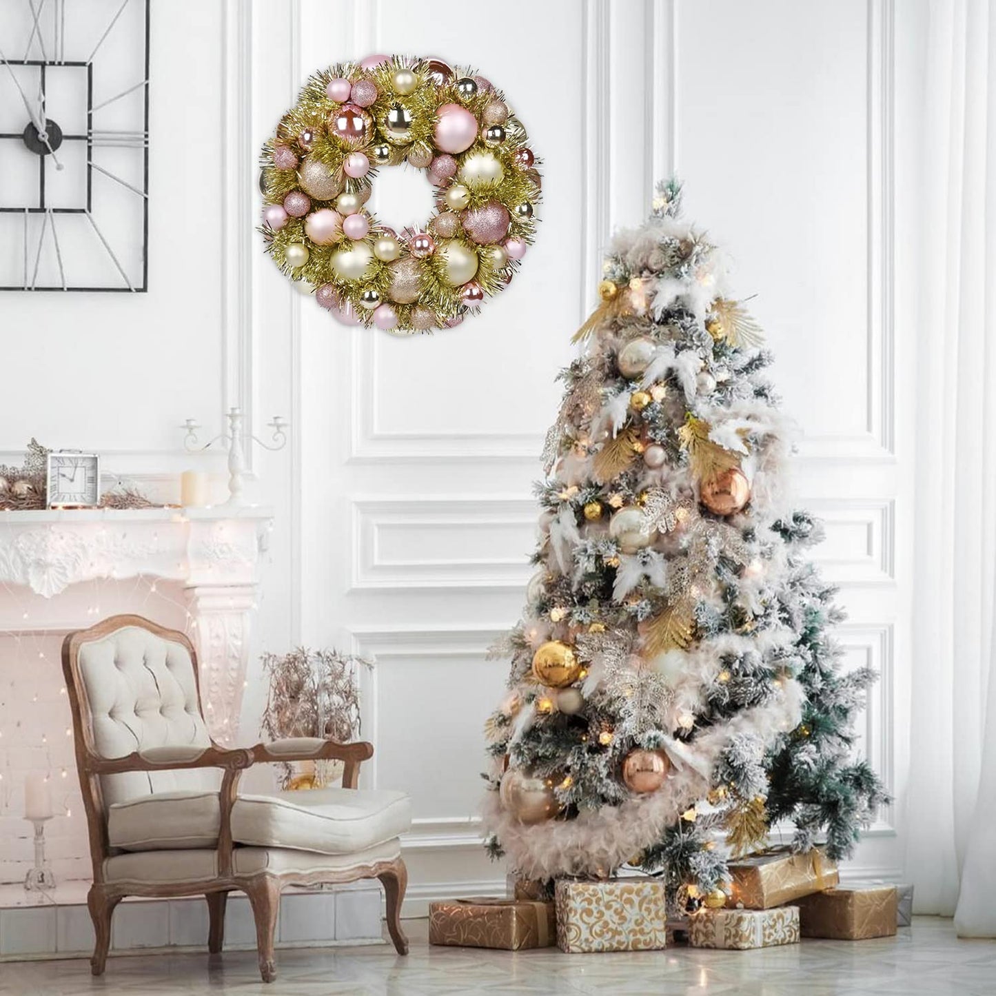 Christmas Ball Wreath 13" Xmas Wreaths Ornaments Glitter Thicken Shatterproof Garland Decoration for Door Wall Mantel Holiday Party Decor, Champagne Gold & Pink