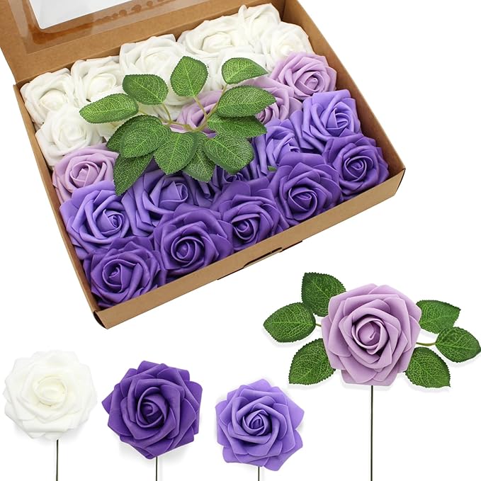 Artificial Flowers Realistic Roses, Real Looking Fake Roses with Stem for DIY Wedding Bouquets Centerpieces Bridal Shower Party Home Romantic Decorations (Shades of Purple, Regular 3" - 200pcs)
