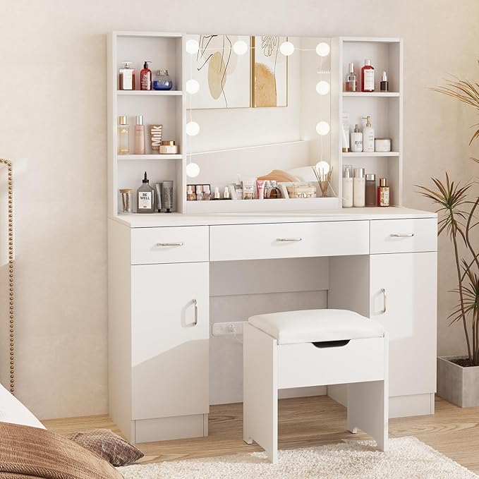 Makeup Vanity Desk with Lighted Mirror, White Vanity Set Makeup Table with 3 Drawers, 2 Cabinets and Storage Stool, Large Vanity 45inch, White