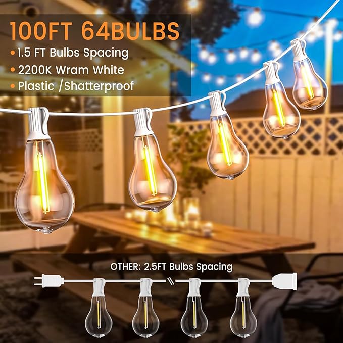 String Lights, 100FT Patio Lights with 64+5 Bulbs(1.5FT Bulbs Spacing), Outdoor String Lights, Remote & Dimmer, 3 Mode Light & Timing, 65PC Mounting Ties for Outside, 2200K (White)