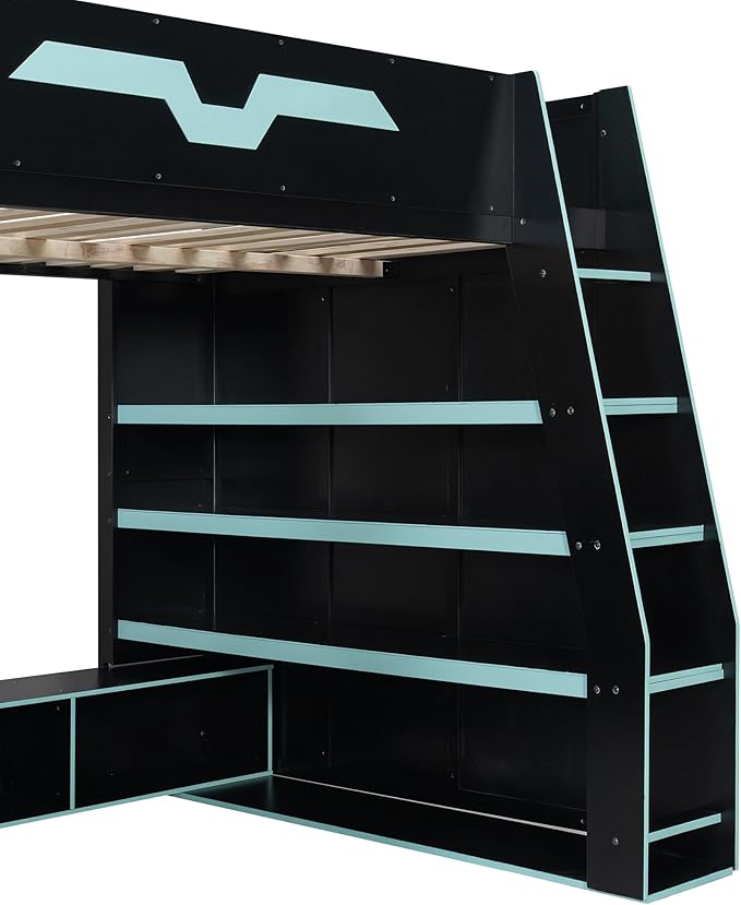 LUMISOL Full Size Wood Loft Bed with Desk and Multi-Storage Shelves, Gaming Loft Bed with RGB LED Lights and Adjustable Desk Placement, Space-Saving Game Bedframe with Under-Bed Storage, Cloud Blue