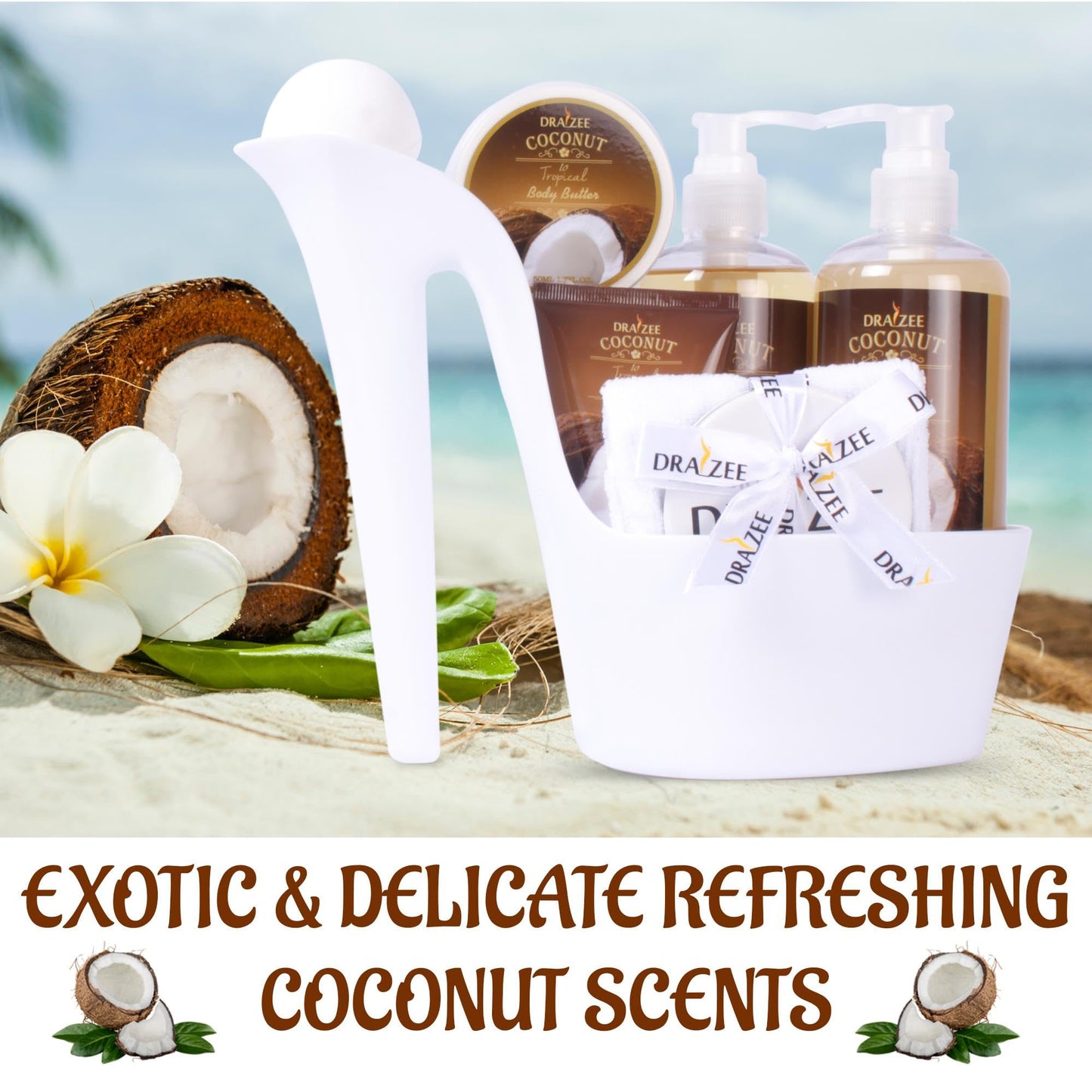 Luxury Spa Gifts for Women – 8 Pc Coconut Scented Bath and Body Set with Bubble Bath, Lotion & More – Luxury Self Care Kit for Wife, Mom, Best Friend, Girlfriend, Anniversary Gift by Draizee