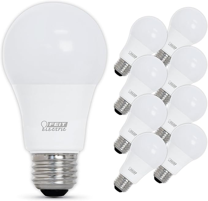 Feit Electric A19 LED Light Bulbs, 60W Equivalent, Dimmable, E26 Standard Base, 90 CRI, 800 Lumens, 5000K Daylight, 120V, 22 Years Lifetime, Damp Rated, 8 Pack, OM60DM/950CA/8