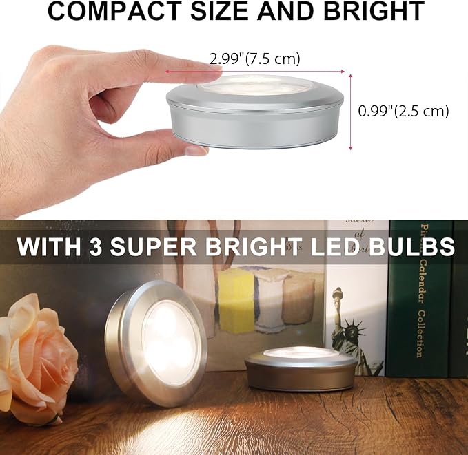 LUXSWAY Puck Light, LED Tap Light Push Lights, Battery Operated Stick On Night Light, Portable Under Cabinet Lights and Counter Lighting for Kitchen Sink, Shelf, 3-Pack, Silver