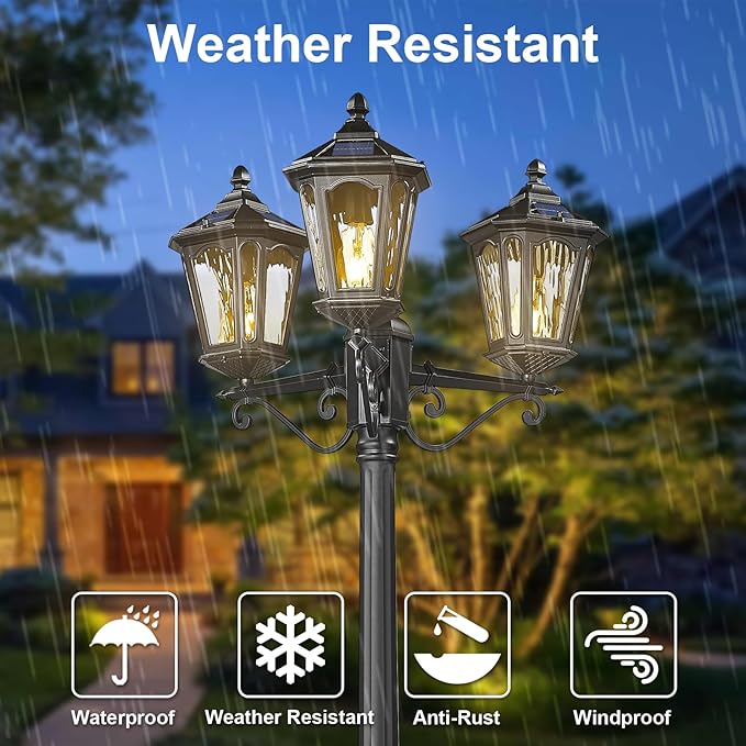 Lamp Post Lights 3-Head Outdoor Solar Post Lamp with High Posts, Dusk to Dawn Remote Control Waterproof Exterior Pillar Latern Hardwired Street Light for Patio Garden Walkway