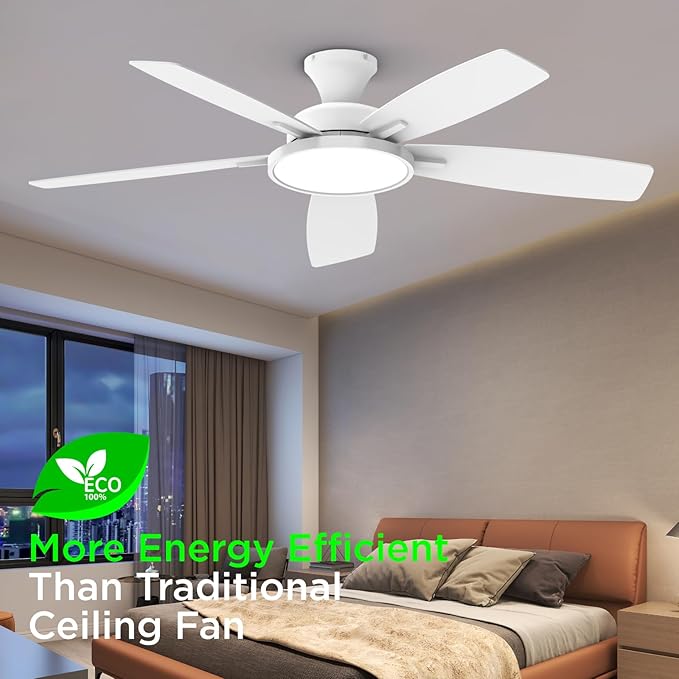 TALOYA 52 inch Ceiling Fans with Lights,Remote Control Multifunctional Quiet Fan with Three Color Temperature and Dimmable Light with Reversible Blades White