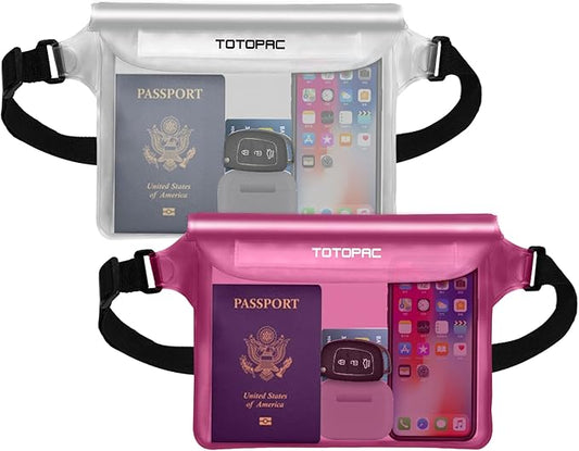 2-Pack Waterproof Fanny Pack, Phone Pouch with Waist Strap, 9x6.7 Inch Dry Bag for Phone, Cash, and Valuables – for Swimming, Kayaking, Boating, Snorkeling, and Water Sports (2, Pink + White)