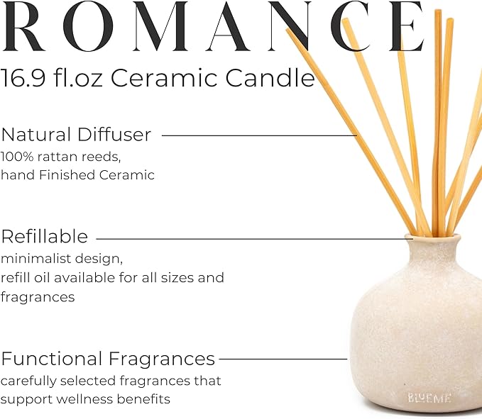 Blueme Romance Diffuser | Oakmoss & Sandalwood | 16.91 Fl Oz - Refillable Wellness Diffuser, Contains Essential Oil, Sustainable, Hand Finished, Premium, Luxury Ceramic, Natural Rattan Reeds | Large