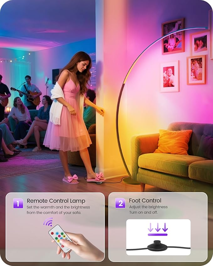 RGBW Floor Lamp, 75” Standing Tall Lamp, Dimmable Arc Floor Lamp for Living Room with Foot and Remote Control, 18 DIY Colors, 3000K-6000K White, LED Corner Lamp, Color Changing Ambient Light RB62LD05
