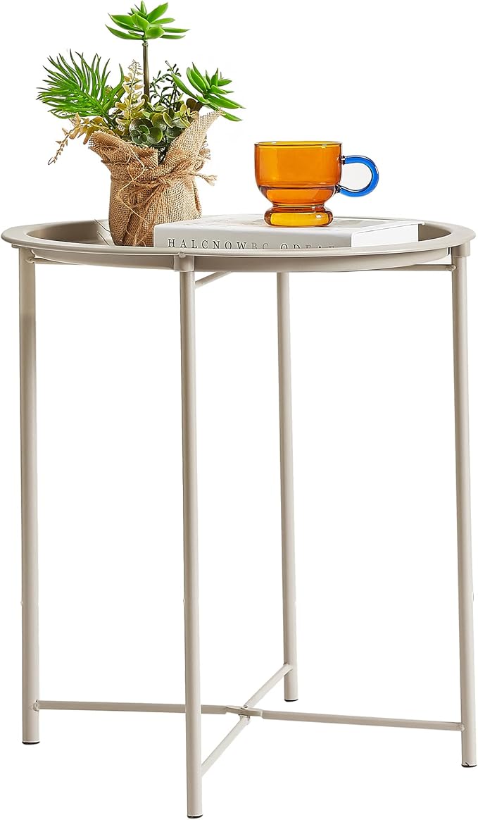 VECELO Side/End Table, Folding Round Metal Anti-Rust and Waterproof Outdoor or Indoor Tray for Living Room Bedroom Balcony and Office, 1 PCS, Grey