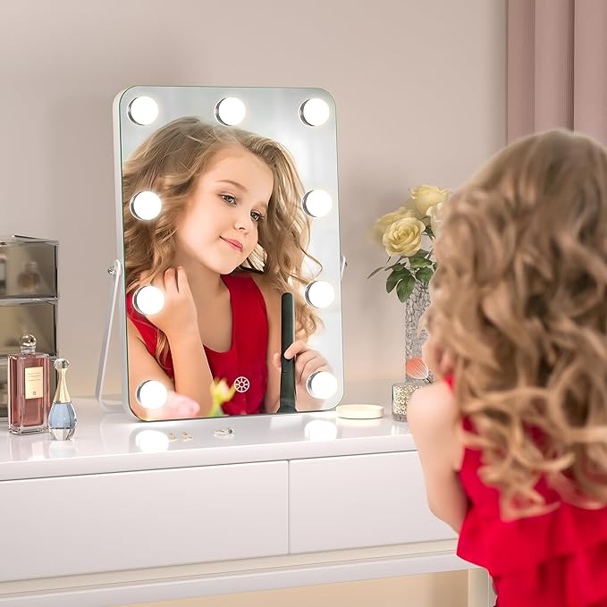 Hasipu LED Makeup Mirror with Bluetooth Speaker, 10.6" x 14" Hollywood Vanity Mirror with Lights, Rounded Rectangle White Frame, 3 Modes Light, Smart Touch Control Dimmable, 360°Rotation