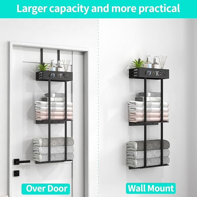 Over The Door Towel Rack, 3 Tier Hanging Towel Rack for Bathroom Stainless Steel, Over Door & Wall Mounted Towel Holder with Shelf Basket, Towel Storage for Small Bathroom, Black