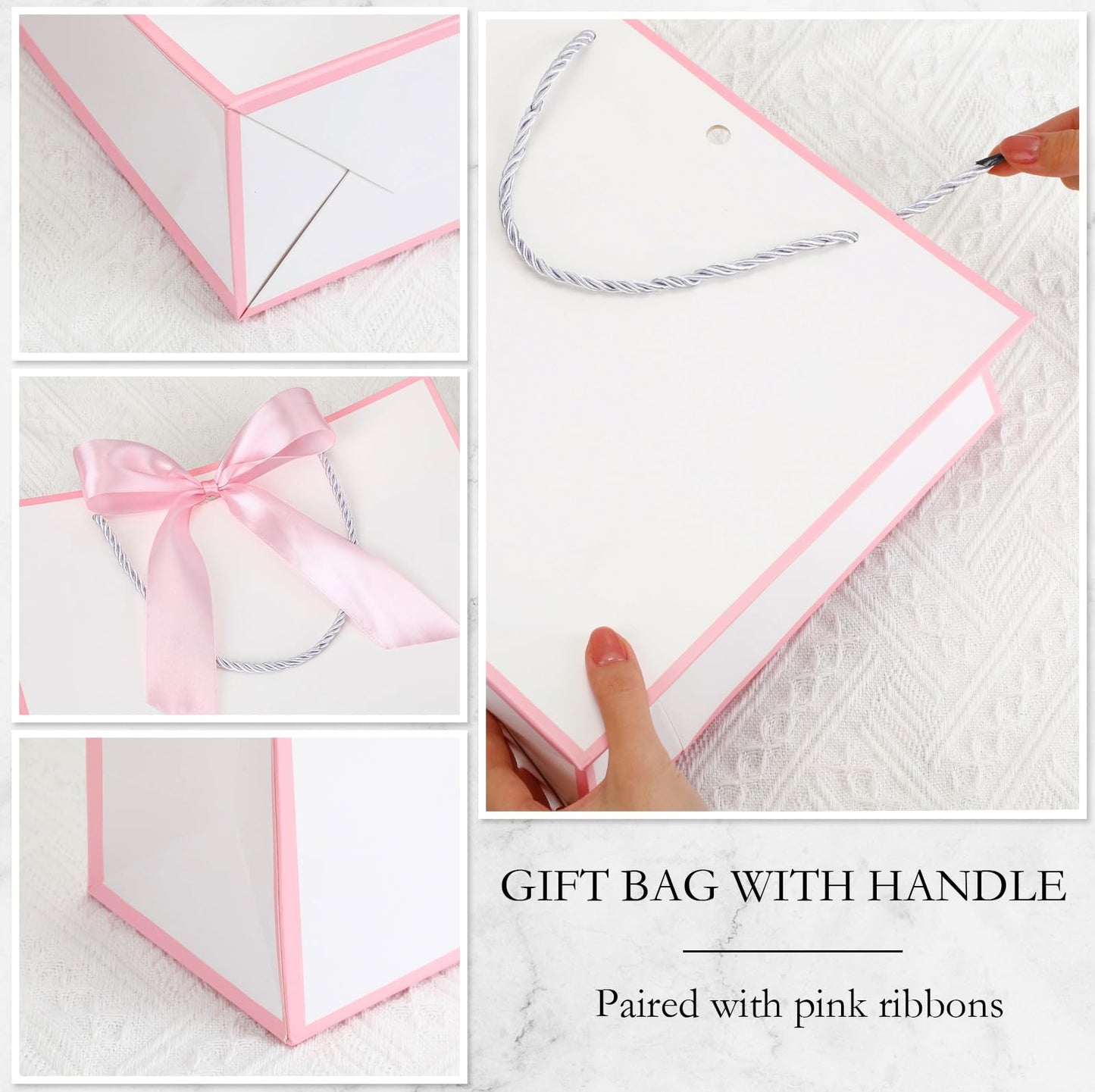 Silkfly 12 Pcs Thank You Gift Bags with Handle 12x10x4'' Welcome Bags Return Gifts with Bow Ribbon for Wedding Bridesmaid Baby Shower Housewarming Birthday Thanksgiving Christmas(White, Pink)