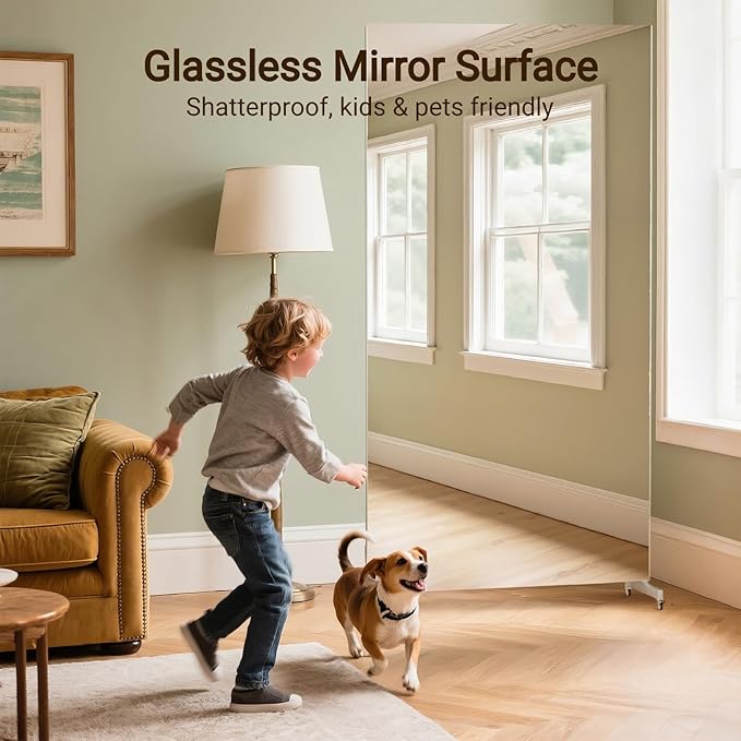 Standing Full Length Mirror on Wheels 71" x 32" Large Rolling Mirrors Smooth Moving Unbreakable Glassless Mirror for Home Gym Dance Studio Yoga, Silver