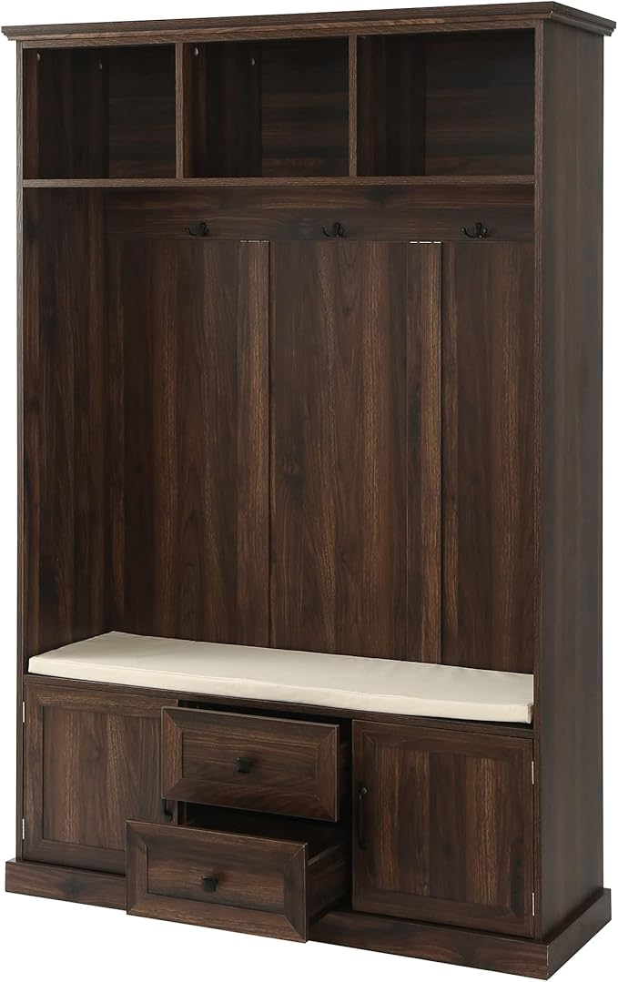 RUNNA Wooden 3-in-1 Hall Tree with 2 Cabinet and 2 Drawers,3 Open Shelves and 3 Hooks,Coat Hanger and Storage Bench,for Livingroom Hallway Entryway Use (Tiger@Hanger)