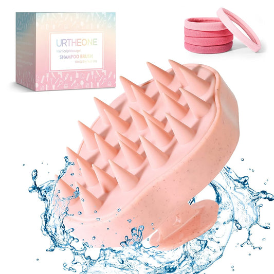 URTHEONE Scalp Massager Shampoo Brush, Hair Scalp Scrubber Head Massager with Soft Silicone Bristles for Women Men Kids Pets Shower and Hair Growth(Pink) Includes 5 Pcs Hair Ties