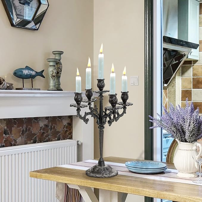 Sungmor Heavy Duty Cast Iron Candlestick Holders - Handcrafted Vintage Candelabra - 17Inch Tall & 5 Arms Candle Holders - Decorative Pillar Candle Stand for Christmas Birthday Wedding Home Party