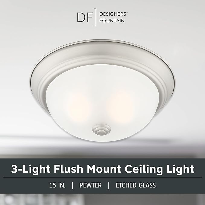 DESIGNERS FOUNTAIN Reedley 3-Lights Flush Mount Ceiling Light, 15 Inch Lighting Fixture for Kitchen, Bedroom, Bathroom, and Hallway, Pewter with Etched Glass, 1257L-PW-W