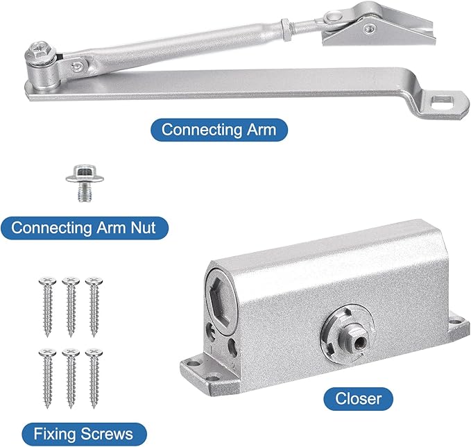 MECCANIXITY Door Closer Automatic Door Closer for 25-65kg Outdoor Internal Metal Wooden Doors,180D Spring Hydraulic Auto Door-Closer Automatic Adjustable Closer(Silver,Aluminum)