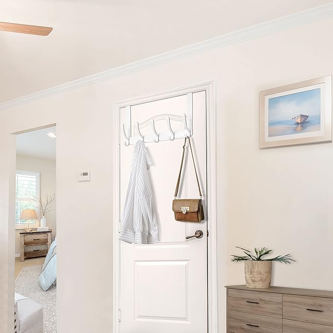 WEBI Over The Door Hook 5 Coat Hooks,Over The Door Towel Rack,Door Hanger Coat Rack Towel Hanger for Hanging Coats,Clothes,Bathroom,White,2 Packs