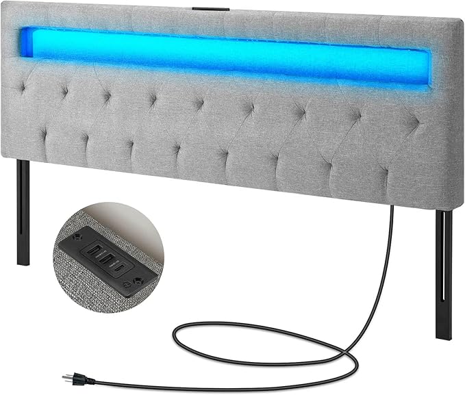 GREENSTELL Headboard for Full Size Bed with 60,000 DIY Color of LED Light, USB & Type C Post, Attach Frame, Height Adjustable, Gray Wall Mounted Head Boards Only, Sturdy & Stable, Comfortable, Full