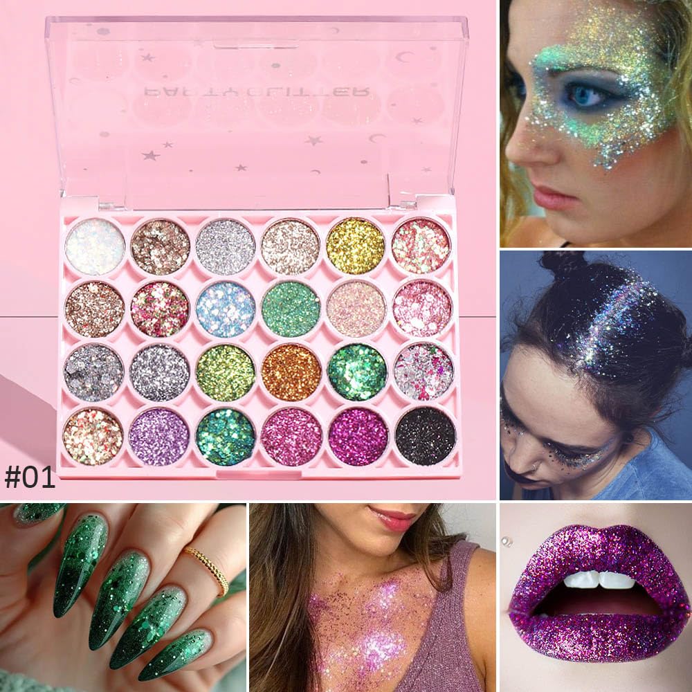 evpct 24 Colors Glitter Sparkle Eyeshadows Palette Makeup for Women, Black White Pink Green Blue Rainbow Neon Metallic Shimmer Shiny Eyeshadow Palette, Body Pressed Eye Shadow Glitter Palette Makeup
