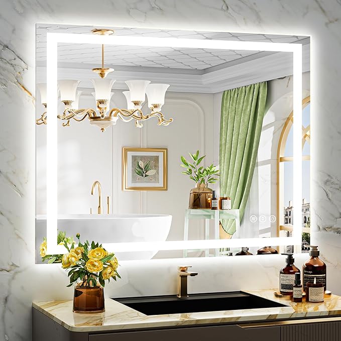 44x36 Inch LED Bathroom Mirror with Lights Front and Backlit Lighted Vanity Mirror for Bathroom Wall with 3 Colors Dimmable Anti-Fog Memory Shatter-Proof IP54 Waterproof Horizontal/Vertical