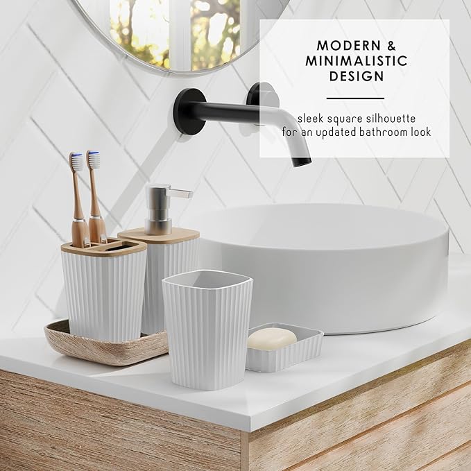 Clara Clark Bathroom Set - White Bathroom Accessories Set, 6PC Bathroom Accessory Set, Bathroom Sets with Bathroom Rugs, Toilet Brush, Trash Can & Soap Dispenser